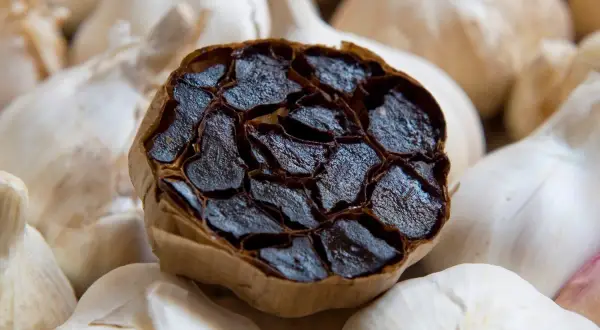 Gousse d'ail noir coupée, révélant ses gousses sombres et moelleuses, entourée d'ail blanc frais. L'ail noir bienfaits et méfaits intriguent.