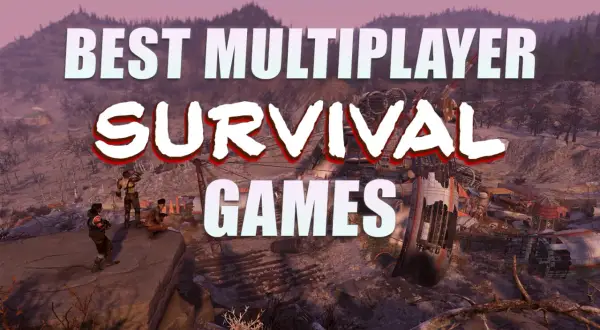 Postapokaliptyczny krajobraz z trzema postaciami, tekst "BEST MULTIPLAYER SURVIVAL GAMES".