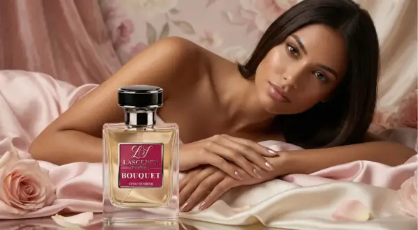Kobieta otulona jedwabiem obok flakonu perfum Bouquet, niczym YSL Supreme Bouquet, emanuje zmysłowością.