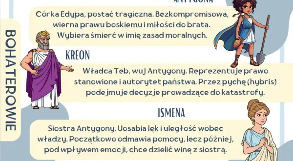 Ismena, siostra Antygony, uosabia lęk i uległość. Początkowo odmawia pomocy, lecz później chce dzielić winę z siostrą.