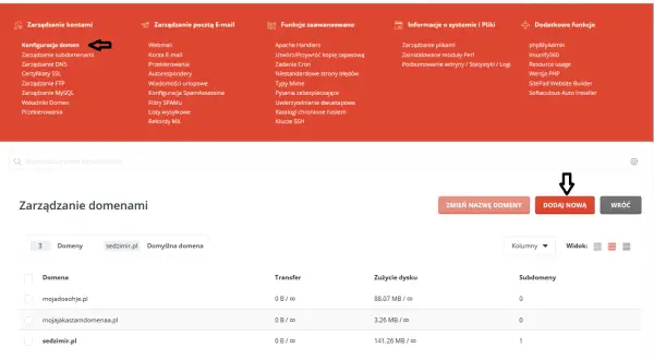 Panel administracyjny kru.pl, sekcja Zarządzanie domenami. Widoczny przycisk "DODAJ NOWĄ" do wyszukiwania domen.