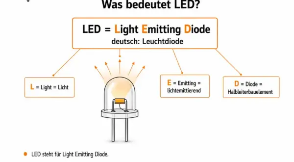 Die Funktionsweise einer LED erklärt: L steht für Licht, E für lichtemittierend, D für Diode. Eine Leuchtdiode wandelt Strom in Licht um.