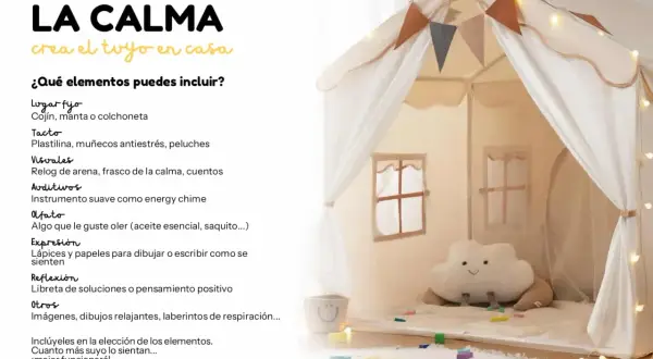 Tienda infantil decorada con luces y guirnaldas, creando un rincón de la calma con cojines, juguetes y elementos sensoriales.