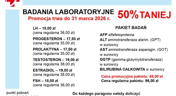Grafika z promocją badań laboratoryjnych: 50% taniej, lista badań i ceny.