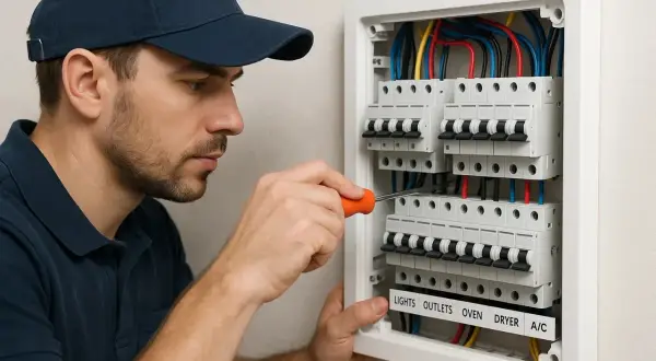 Un électricien concentré utilise un tournevis pour changer un disjoncteur dans un tableau électrique.
