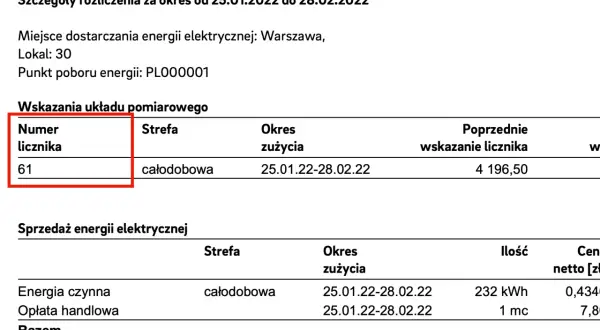 Szczegóły rozliczenia prądu, numer licznika 61, wskazanie 4196,50. Przepisanie licznika prądu po śmierci.