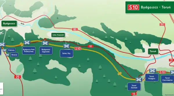 Mapa drogowa S10 Bydgoszcz - Toruń. Pokazuje węzły drogowe, MOPy i obwody utrzymania drogi między Bydgoszczą a Toruniem.