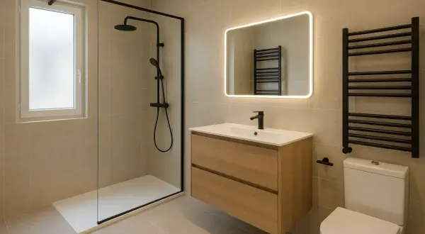 Une salle de bain aménagée moderne avec douche à l'italienne, meuble vasque en bois, miroir lumineux et sèche-serviettes noir.