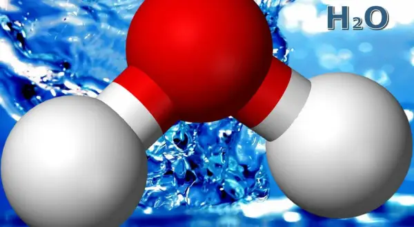 Molécule d'eau H₂O, symbole de la vie et de la pureté, dans un fond aquatique vibrant.