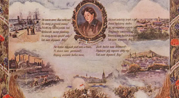 Nie będzie Niemiec pluł nam w twarz, ni dzieci nam germanit. Orężny wstanie hufiec nasz, bo duch będzie nam helmanit.
