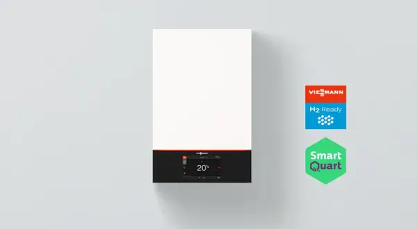 Nowoczesny piec na wodór Viessmann H2 Ready, z wyświetlaczem pokazującym 20°C.