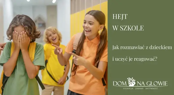Dziecko 9 lat zakrywa twarz, podczas gdy inne dzieci śmieją się i wskazują palcami. Obrazek dotyczy hejtu w szkole.