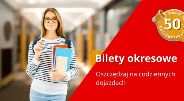 Młoda kobieta z zeszytami i ołówkiem, obok napis "Bilety okresowe". Oszczędzaj na dojazdach z biletem miesięcznym!
