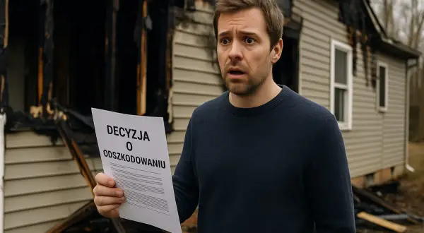 Zrozpaczony mężczyzna trzyma dokument "Decyzja o odszkodowaniu" przed spalonym domem. Niedoubezpieczenie oznacza, że jego problemy dopiero się zaczynają.