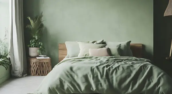Przytulna sypialnia zieleń boho. Miękkie poduszki i pościel w odcieniach zieleni tworzą relaksującą atmosferę.