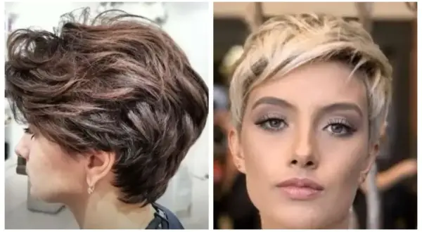 Dwie kobiety z krótkimi, stylowymi fryzurami. Jedna ma ciemne, falowane włosy do ucha proste, druga blond, zaczesane do góry.