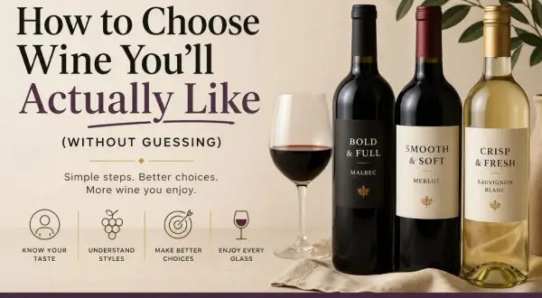 Trzy butelki win: Malbec, Merlot i Sauvignon Blanc, obok kieliszka z czerwonym winem. Poradnik "Jak wybrać marki win, które pokochasz".