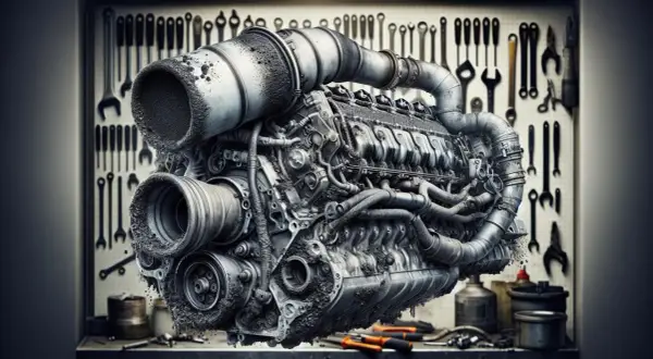Gros moteur de voiture couvert de poussière, peut-être un symptôme catalyseur HS essence. Outils de mécanique en arrière-plan.