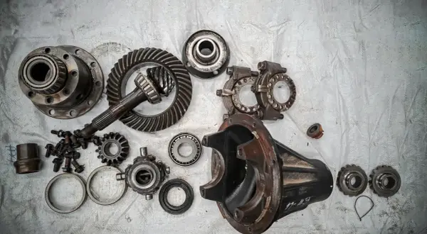 Rozłożony mechanizm różnicowy, w tym koła zębate i łożyska. Widoczne elementy mogą wskazywać na uszkodzony zawór różnicowy objawy.