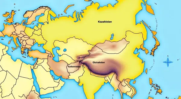 Mapa pokazuje, gdzie leży Kazachstan, rozległe państwo w Azji Środkowej, sąsiadujące z Rosją, Chinami i Morzem Kaspijskim.