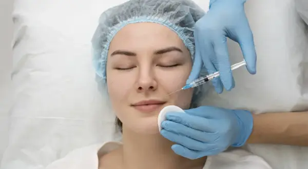 Mujer joven recibe inyección para eliminar surco nasogeniano naturalmente. Manos enguantadas aplican tratamiento estético.
