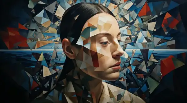 Portret kobiety z geometrycznymi kształtami na twarzy, symbolizujący projekcję psychologiczną. Przykłady takich wizualizacji pokazują złożoność umysłu.