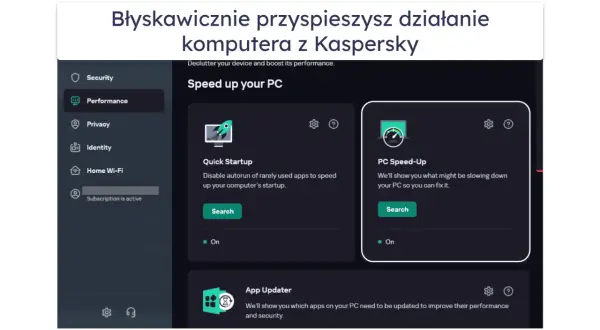 Interfejs Kaspersky Free pokazuje opcje przyspieszania komputera, takie jak Quick Startup i PC Speed-Up.