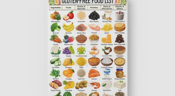 En illustration som visar en glutenfri mat lista med kategorier som grönsaker, frukt, spannmål, proteiner, mejerier och snacks.