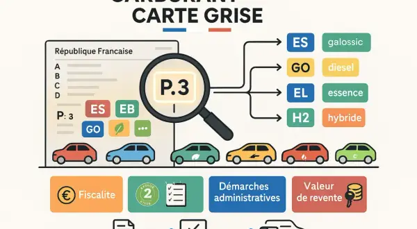 Illustration expliquant comment lire une carte grise pour identifier le type de carburant (essence, diesel, hybride).