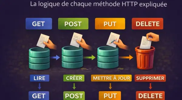 GET pour lire, POST pour créer, PUT pour mettre à jour, DELETE pour supprimer. Les méthodes HTTP expliquées.