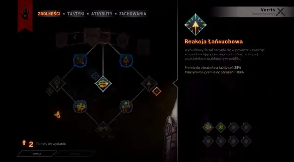 Drzewko umiejętności Varrika w Dragon Age Inkwizycja. "Reakcja Łańcuchowa" zadaje więcej obrażeń, im więcej wrogów w pobliżu.