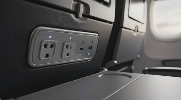 W samolotach są gniazdka! Widok na panel z gniazdkami elektrycznymi i portami USB w fotelu samolotowym, gotowy do ładowania urządzeń.