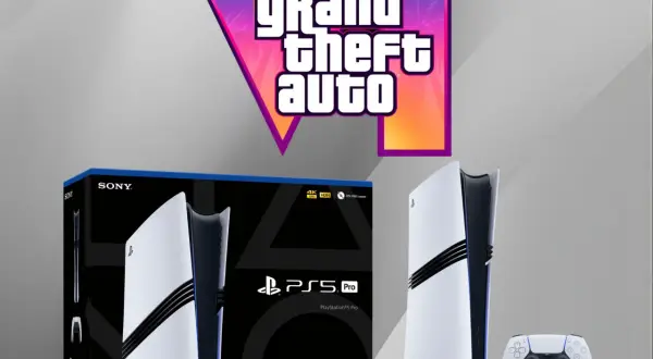 Logo GTA 6 nad konsolą PlayStation 5 Pro i padem. Marzenie o grze gta 6 na ps5 staje się bliższe.