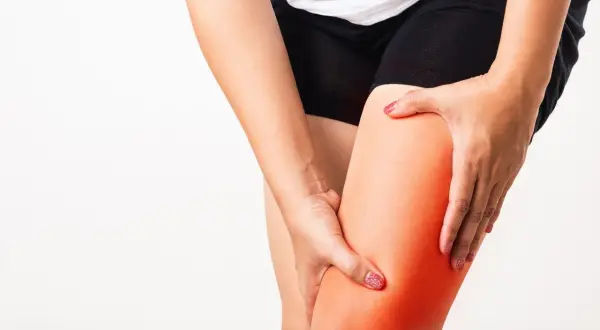 Dolore alla coscia, un possibile sintomo di atrofia muscolare alle gambe. La zona è evidenziata in rosso.