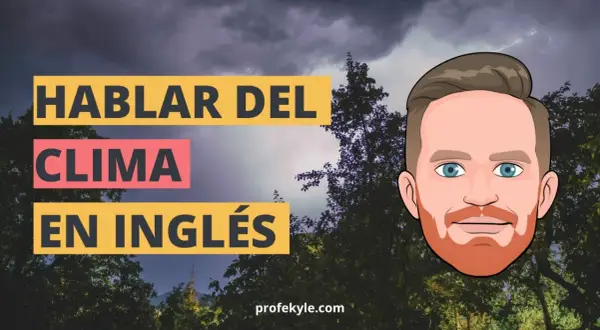 Aprende vocabulario del tiempo en inglés. El cielo está nublado con relámpagos, árboles y un personaje animado.
