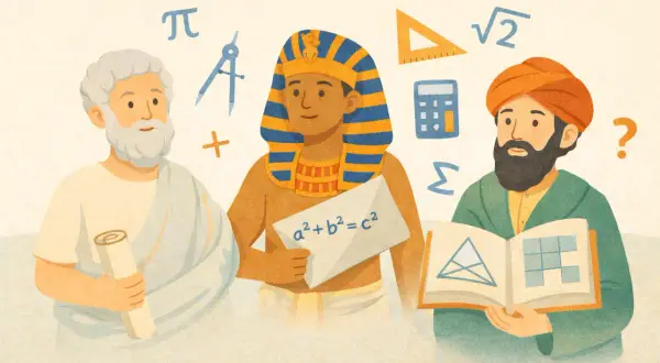 Trzech uczonych z różnych epok, z symbolami matematycznymi wokół nich.