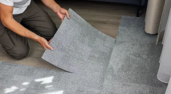 Pose d'une nouvelle moquette pour comment recouvrir un carrelage. Un homme pose une dalle de moquette grise sur un sol en bois.