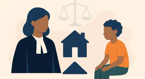 Une avocate discute avec un enfant. Une balance de justice et une maison symbolisent une lettre de demande de placement en foyer.