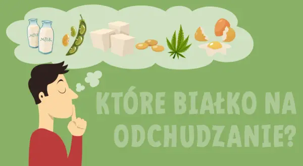 Mężczyzna zastanawia się, co daje białko w proszku na odchudzanie, myśląc o mleku, soi, tofu, nasionach, konopi i jajkach.