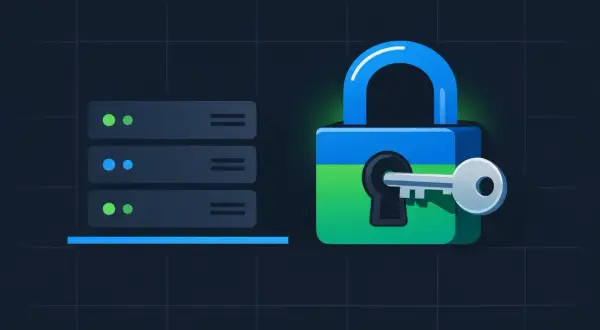 Verrou bleu et vert avec une clé, à côté de serveurs. Illustration pour générer une clé SSH sur Ubuntu.