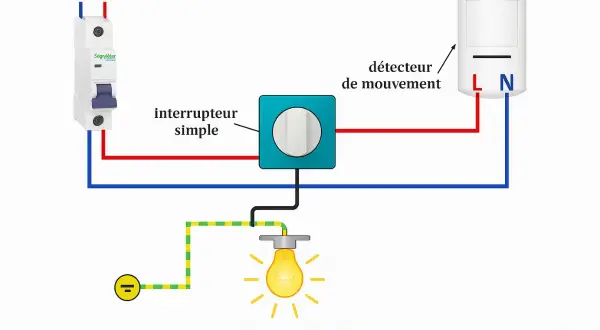 Schéma de branchement d'un détecteur de mouvement avec interrupteur simple et ampoule.