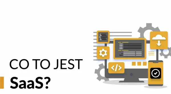 CO TO JEST SaaS? Ikony symbolizują chmurę, kod, ustawienia i telefon, ilustrując działanie usług w chmurze.