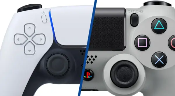 Porównanie kontrolerów DualSense (PS5) i DualShock 4 (PS4) na białym tle.