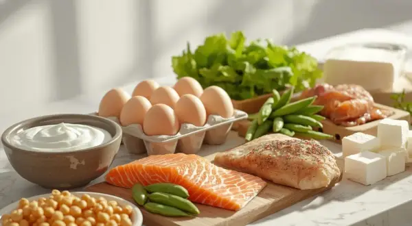 Zdrowe produkty bogate w białko: łosoś, kurczak, jajka, jogurt, ciecierzyca, fasolka, ser. Idealne składniki na dietę wysokobiałkową dla chorych.