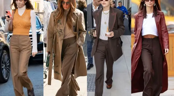 Kendall, J.Lo, Gigi i Emily pokazują, jaki kolor bluzki do brązowych spodni pasuje idealnie.