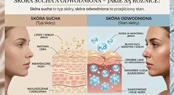 Porównanie skóry suchej i odwodnionej. Skóra odwodniona ma brak wody w naskórku, drobne linie i łuszczący się naskórek.