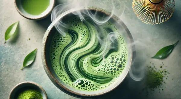 Parująca, zielona matcha w miseczce, z pianką tworzącą wzory. To właśnie taka herbata pobudza, idealna na początek dnia.