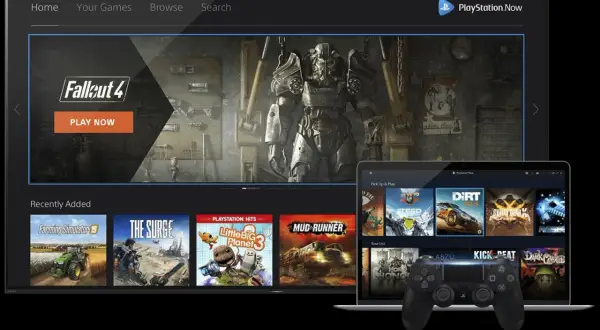 Ekran telewizora z grą Fallout 4 i laptop z grami PlayStation Now, obok kontroler.