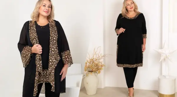 Dwie polskie modelki plus size prezentują eleganckie czarne kreacje z panterkowymi akcentami.