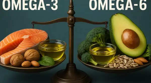 W czym jest omega 3? Na wadze z łososiem, orzechami i oliwą po lewej, a po prawej awokado, brokuły i nasiona.
